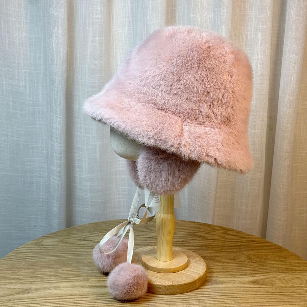 Women's Winter Plush Fisherman Hat with Ball Strap New Face Showing Small Ear Protection Hat Thickened Cold Proof and Warm Hat