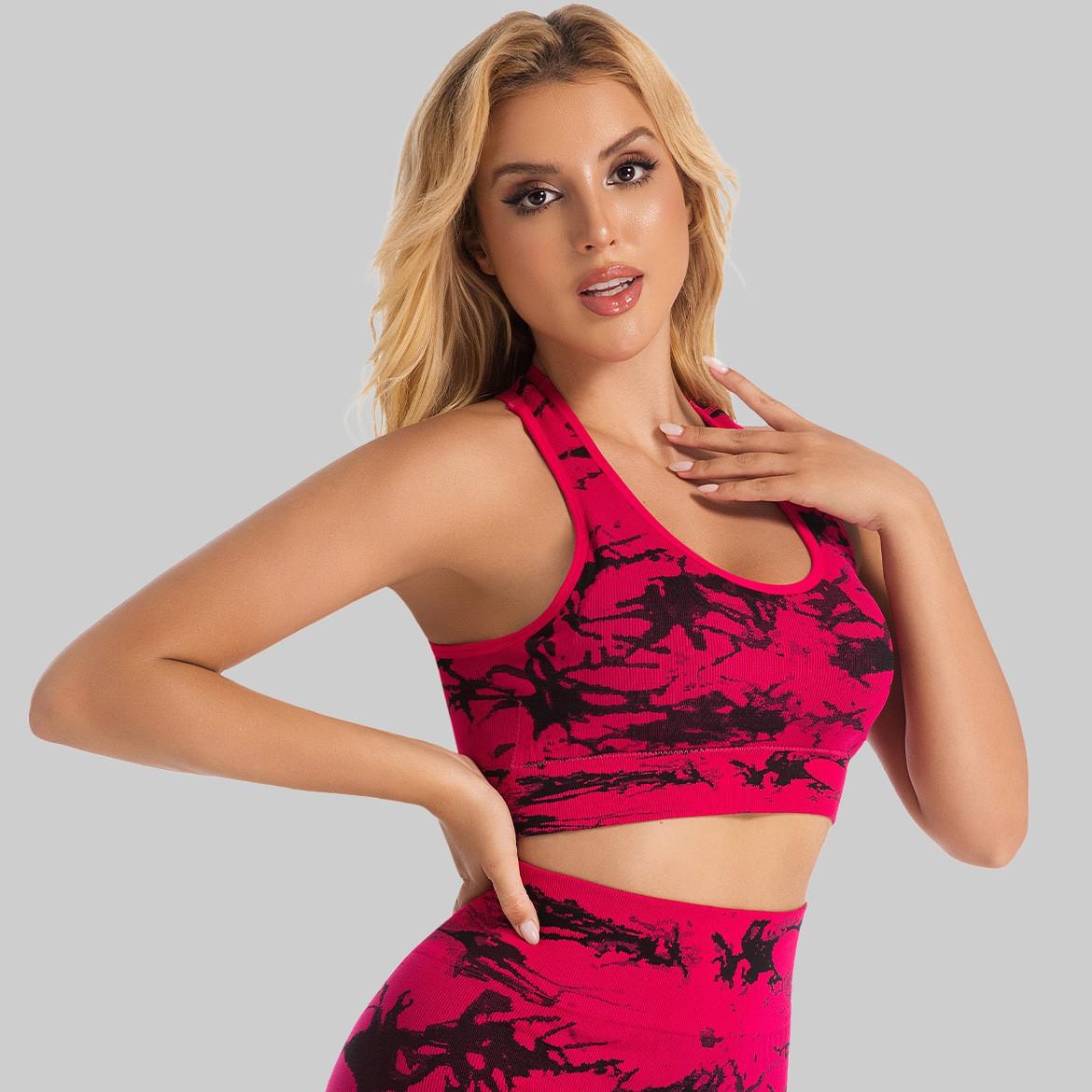 Women s Seamless Tie-Dye Yoga Set: Beautiful Back Sports Bra & High-Waisted Fitness Leggings. Medium ярко-красный
