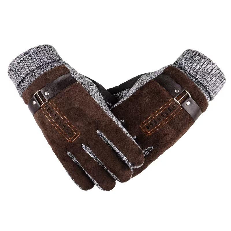 Thickened and Fleece Leather Gloves In Winter All Fingers for Men's Sports Cycling Cold Proof Wind Proof Warm Touch Screen Electric Vehicle Skiing