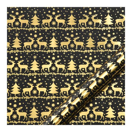 Christmas Reversible Wrapping Paper Roll Black Gold Foil Christmas Tree Snowflake