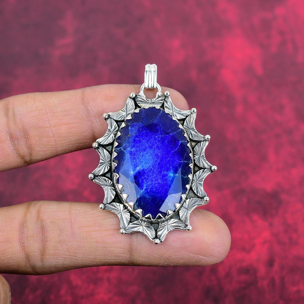 Blå safir anheng, håndlaget edelstens anheng, 925 solid sterling sølv anheng Antikke smykker, for forlovelsesgave