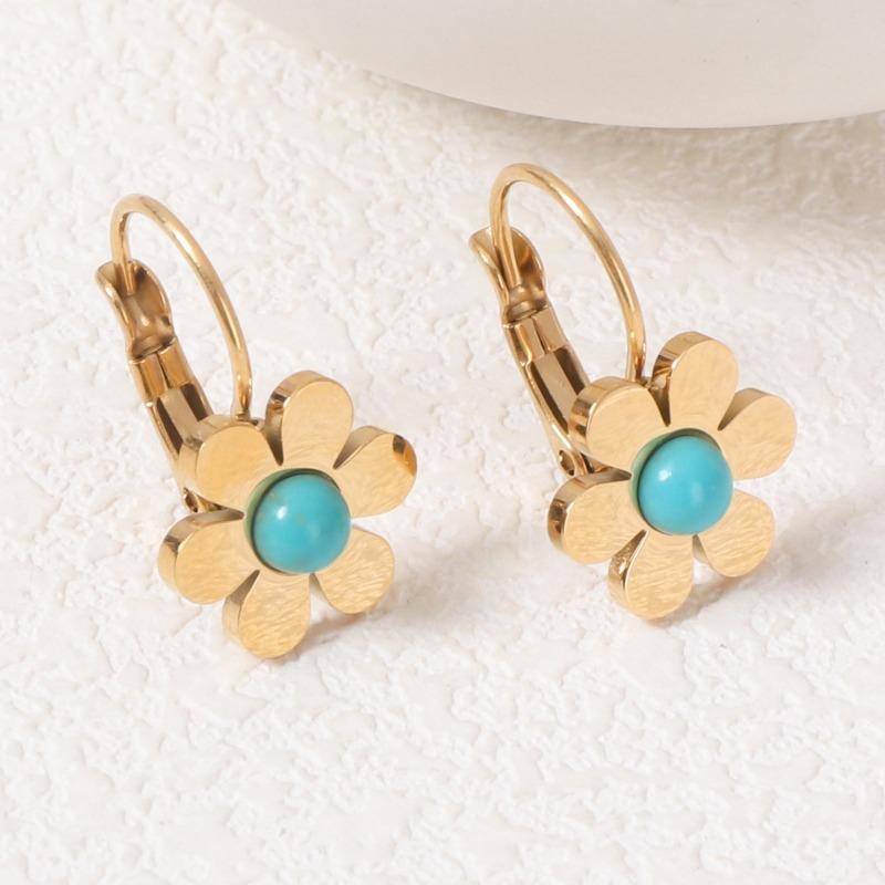Fashionable Golden Flower Stainless Steel Earrings for Women Turquoise Natural Stone Earrings for Summer High-end Earrings