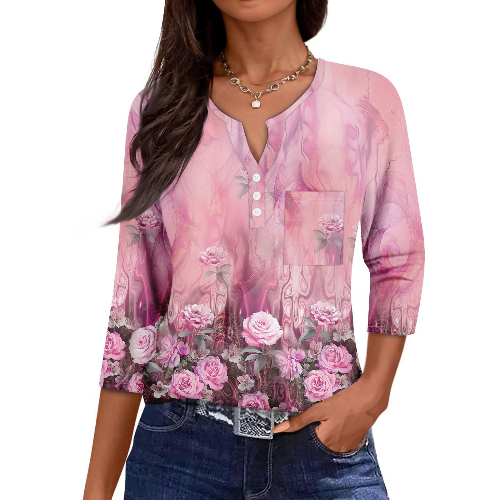 

Women s Casual Fashion V-neck Loose Versatile Floral Print Three-quarter Sleeves XXL
