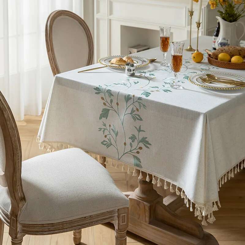 Nordic Cotton Linen Fabric Tablecloth Embroidered Dining Table Cloth Waterproof and Oil Proof Tea Table Cloth Rectangular Tassel