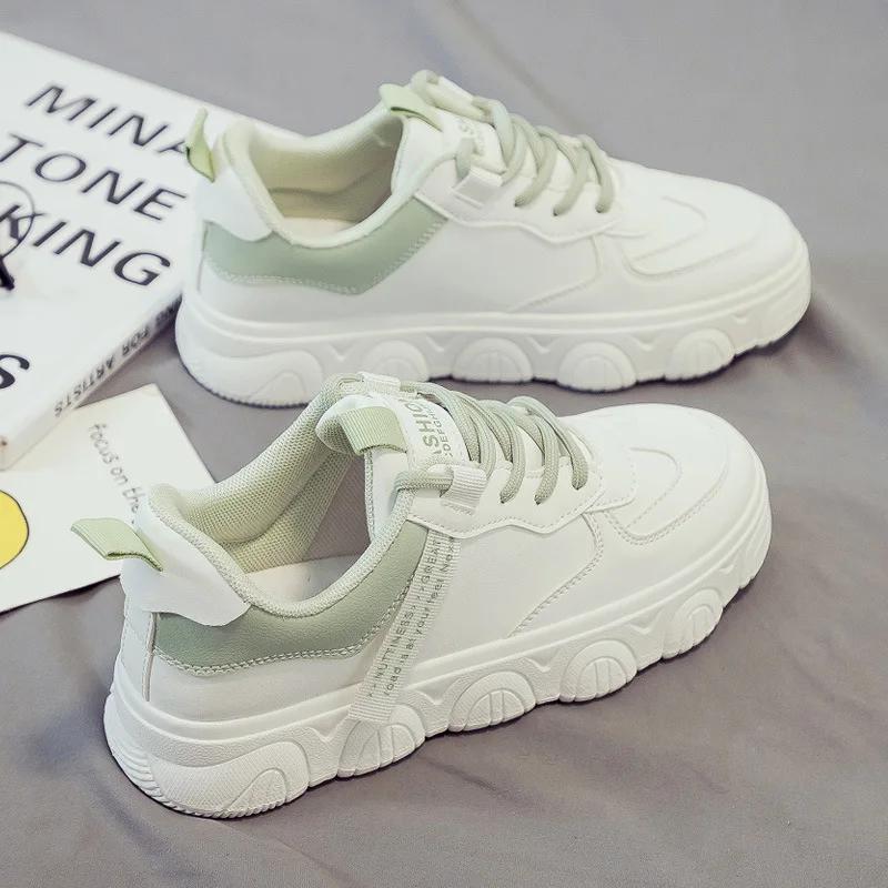 Fashion Women Sneakers Fashion White PU Leather Lace-Up Breathable Flat Jogging Shoes Zapatos De Mujer Female Outdoor Walking Trainers