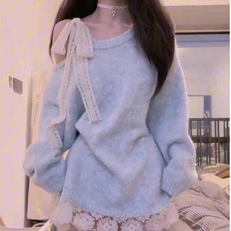 Korean High-End Lace Bow Off-Shoulder Blue Sweater - Women's Autumn/Winter Relaxed Fit Top