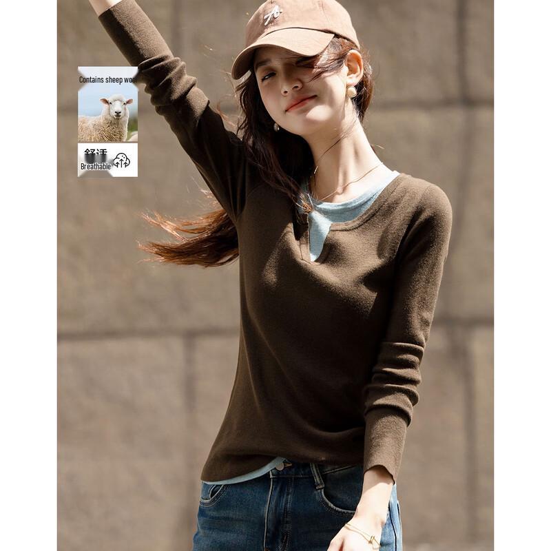 Women's Faux Two-Piece Color-Block Slim-Fit Knit Sweater with Wool