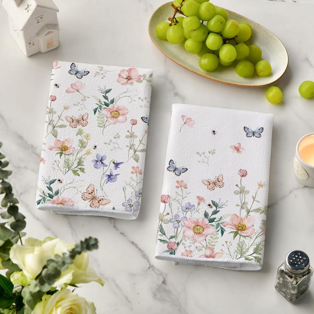 Artoid Mode Floral Leaves Butterfly Spring Kitchen Towels Dish Towels, 18x26 Inch Seasonal Summer Decoration Hand Towels Set of 2