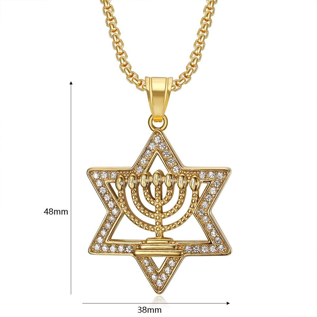 Zirconium Hexagonal Star Pendant Titanium Steel Hip Hop Men Necklace European American Middle Eastern Style Jewelry