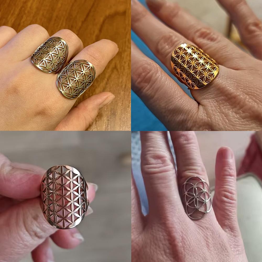 Unift Sacred Geometry Flower of Life Ring Adjustable Stainless Steel Ring Men Women Accessories Vintage Filigree Viking Jewelry