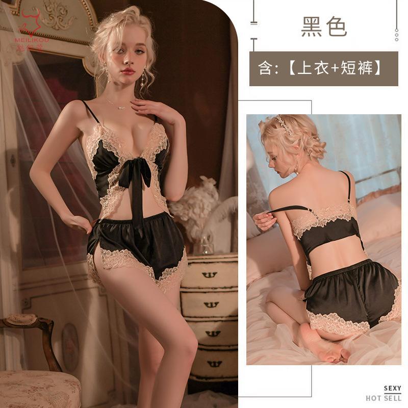 

MELICO Sexy Split Perspective Lace Deep V Seduction Ice Silk Suspender Shorts Loungewear Set M чёрный