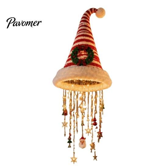 Housewarming Gifts for Christmas Lighted Santa Hat Hanging Chandelier, Warm LED String, Sequined Cone Pendant Decor with Polyester Fiber Festive Party