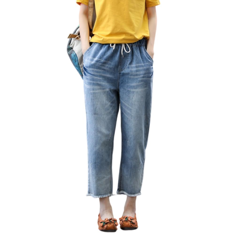 

Стильные джинсовые брюки для джинсов с эластичной талией и укороченные в американском кэжуал стиле для лета и осени [UQQA] женщины, длина, весна, (голубой, S)