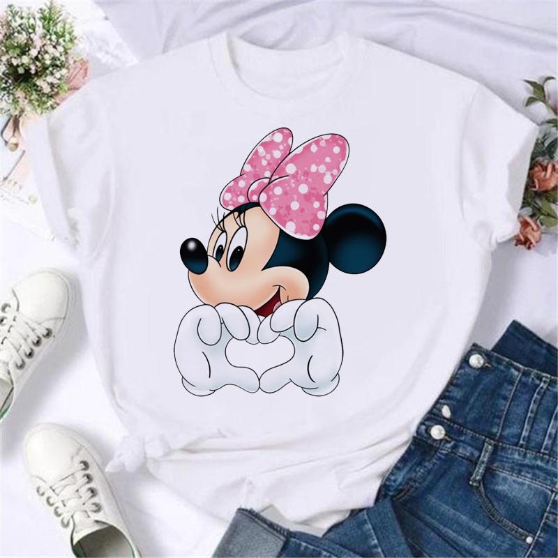 Kawaii Disney Cartoon Minnie Printed T Shirt Women Fashion Mickey Mouse White Oversized T Shirt Female Clothes Ladies T-shirts