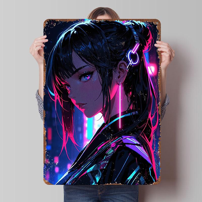 Cyberpunk Anime Girl Tin Plaque Poster Customized Wall Art Retro Vintage Metal Signs for Man Cave Mancave Decoration Room Decor