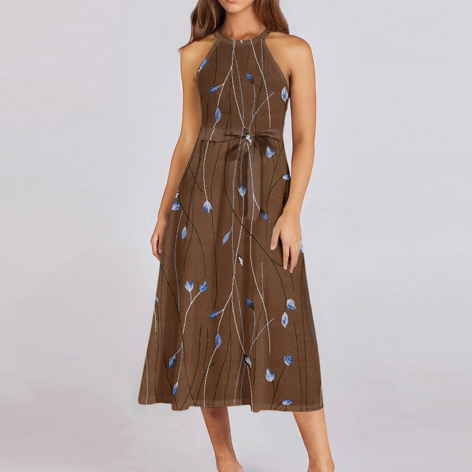 

Женское повседневное платье миди с круглым вырезом, классическое, повседневное, без рукавов, свободное платье в стиле бохо с завязками, летний пляжный сарафан S коричневый