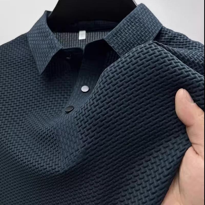 

Мужское европейское и американское поло с коротким рукавом из ледяного шелка - Бесшовное, Высокая эластичность, Круглый вырез, Деловой кэжуал 2XL темно-синий