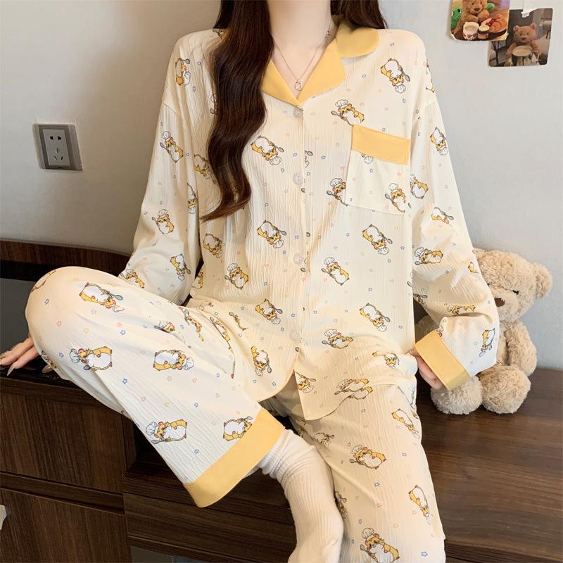 ins style girlish pajamas women's spring and autumn long-sleeved sweet bow full print casual loungewear set