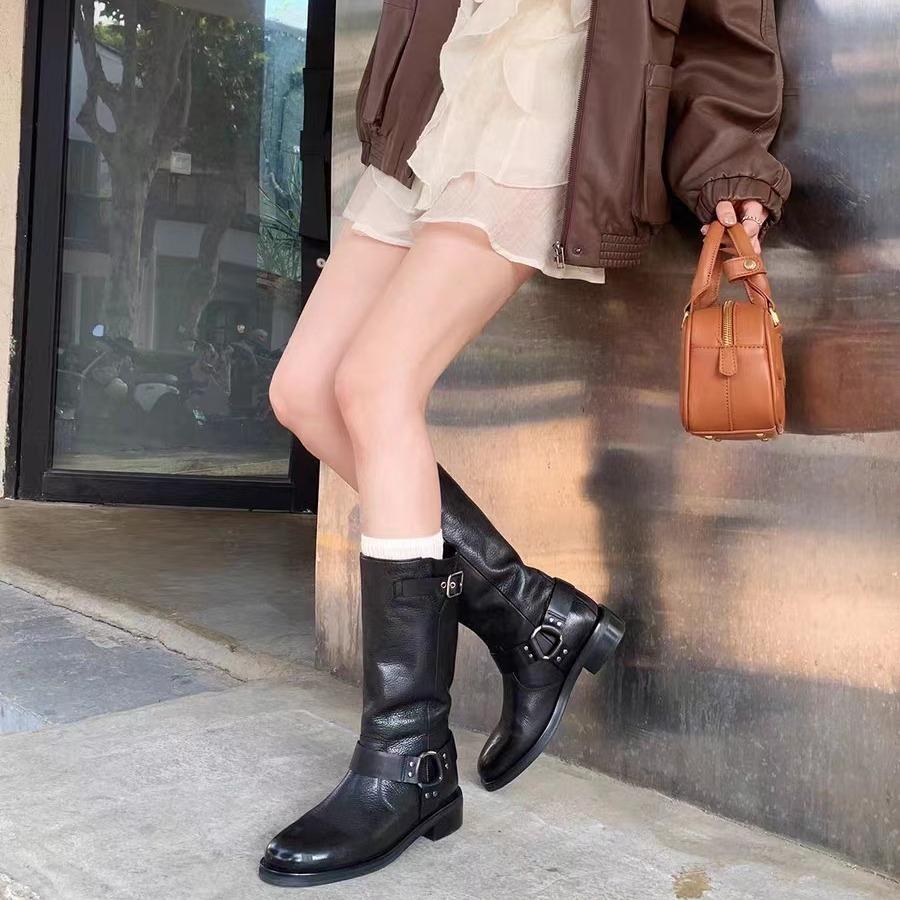 Cowhide~ Grape Mom same British style belt buckle medium boots thick heel Martin boots women's western boots knight boots