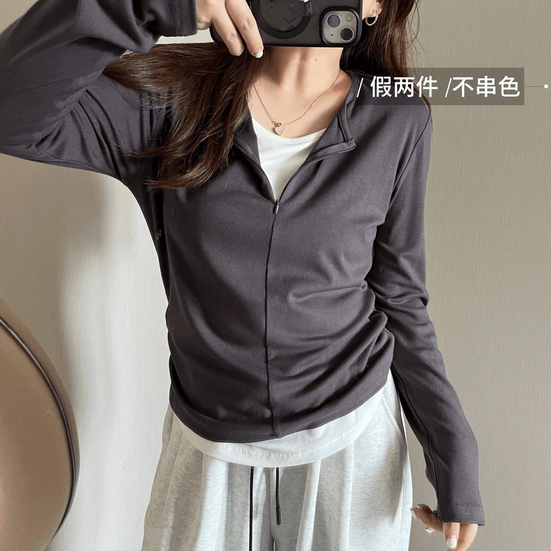 

Half zipper fake two-piece T-shirt women s top spring burgundy contrasting splicing long-sleeved bottoming shirt 2XL темно-сірий