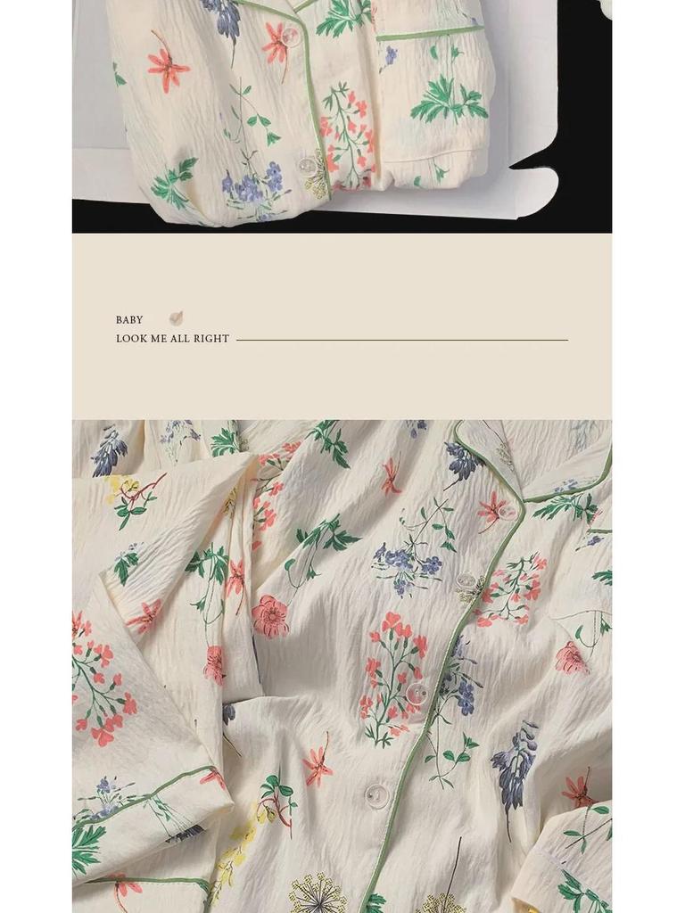 Women's French Pastoral Style Long Sleeve Pajama Set - Green Plants & Flowers Design