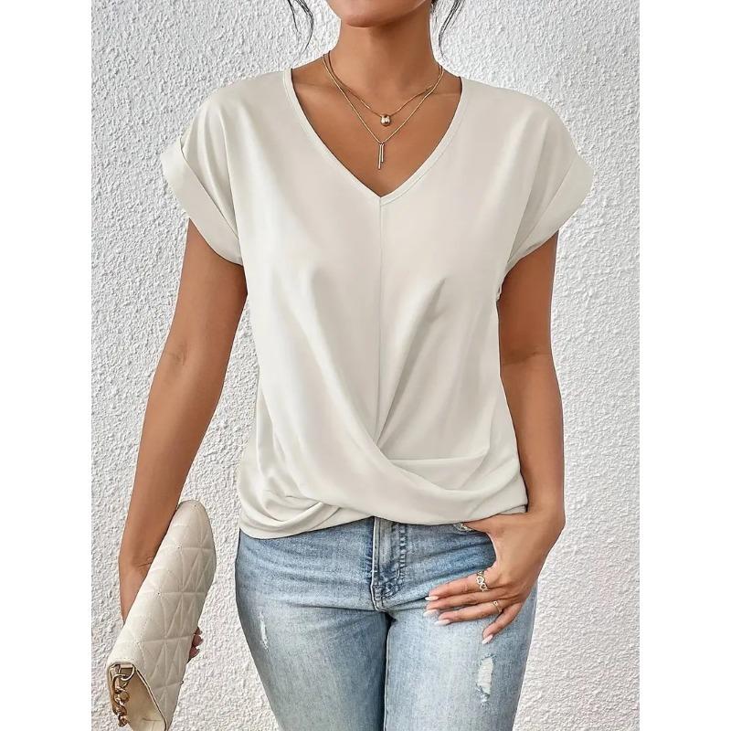 Autumn new products women's lightweight breathable V-neck T-shirt elegant knotted loose short-sleeved top women