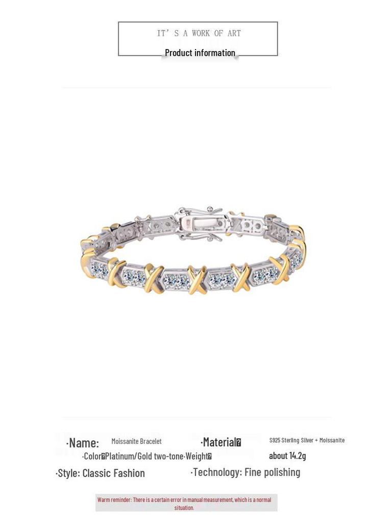 S925 Sterling Silver Two-Tone Gold XO Diamond Bracelet - Retro and Versatile Style