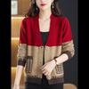 Spring and Autumn New Color Matching Knitted Sweater Women's Cardigan Medium Mother Pocket Sweater February August Sweater Jacket