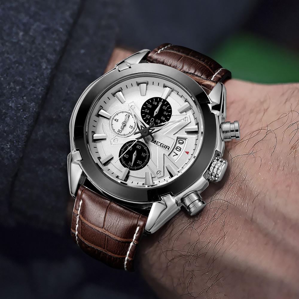 MEGIR Brand Fashion Sport Watch for Men 47MM Big Dial Clock Waterproof Casual Quartz Wristwatch Leather Strap Chronograph 2020