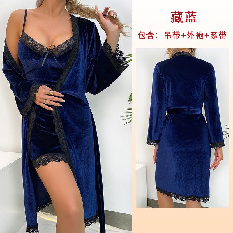 Feiyun's New Velvet Casual Suspender Nightdress Lace Sexy Backless Robe Women's Loungewear Set 111