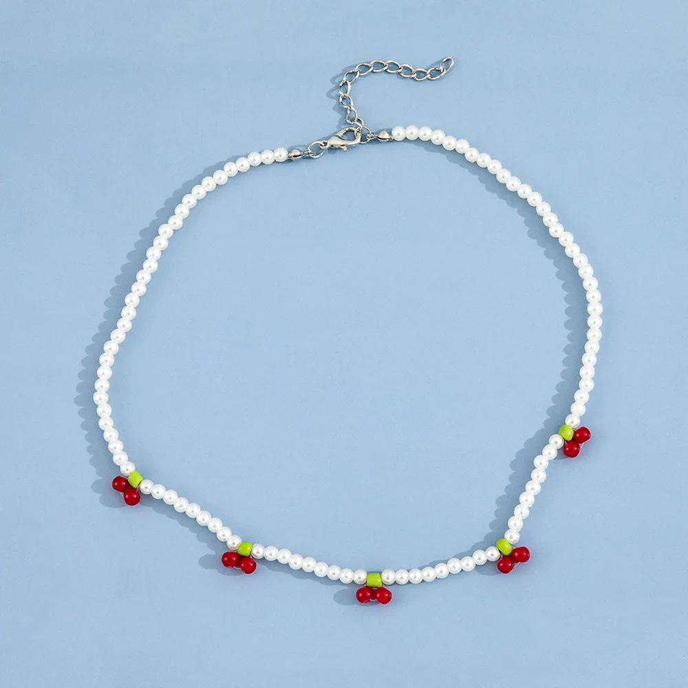 

Sweet Fashion Imitation Pearl Cherry Beaded Necklace Clavicle Chain for Women Exquisite Wedding Bride Jewelry Accessories Gifts
