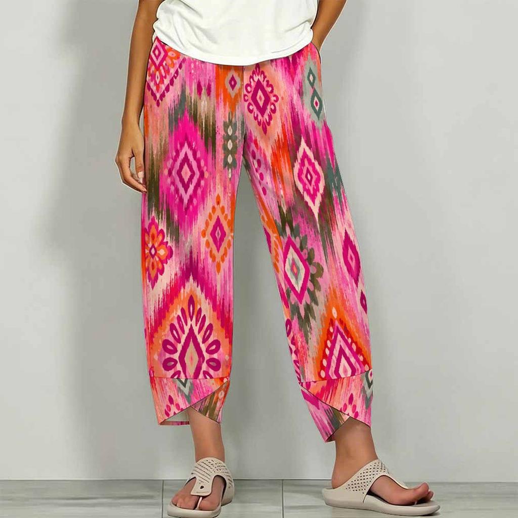 Women Plus Size Loose Printed Cropped Pants Navy Blue Cross Hem With Pockets