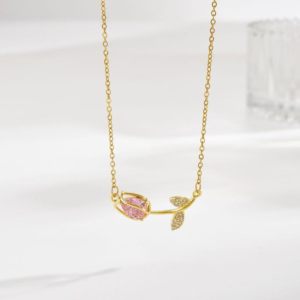 Women's Elegant Tulip Necklace High-End Zircon Flower Pendant Stainless Steel Light Luxury Jewelry Gift