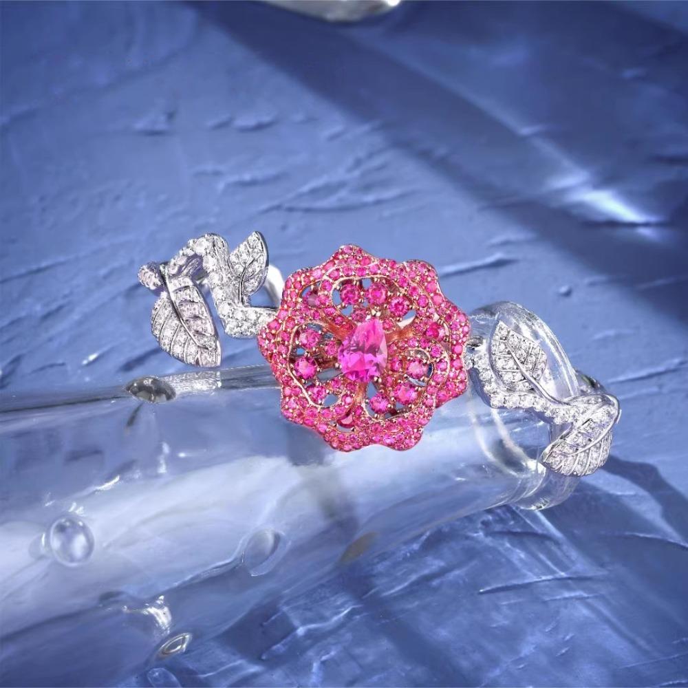 Women's Luxury Bracelet Set with Red Corundum Rose Necklace Gemstone Earrings Camellia Bangle