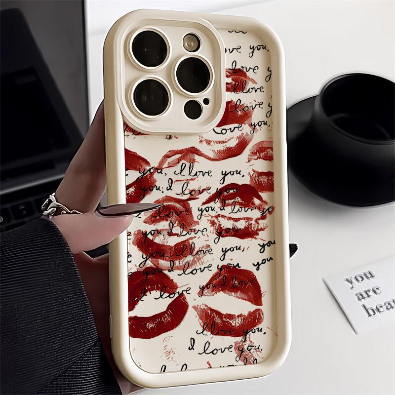 Black And Red Lips Kiss Print Phone Case For 13 Case 16 Pro 11 12 14 15 17 Pro Max 16e XR XS Soft Silicone Cover
