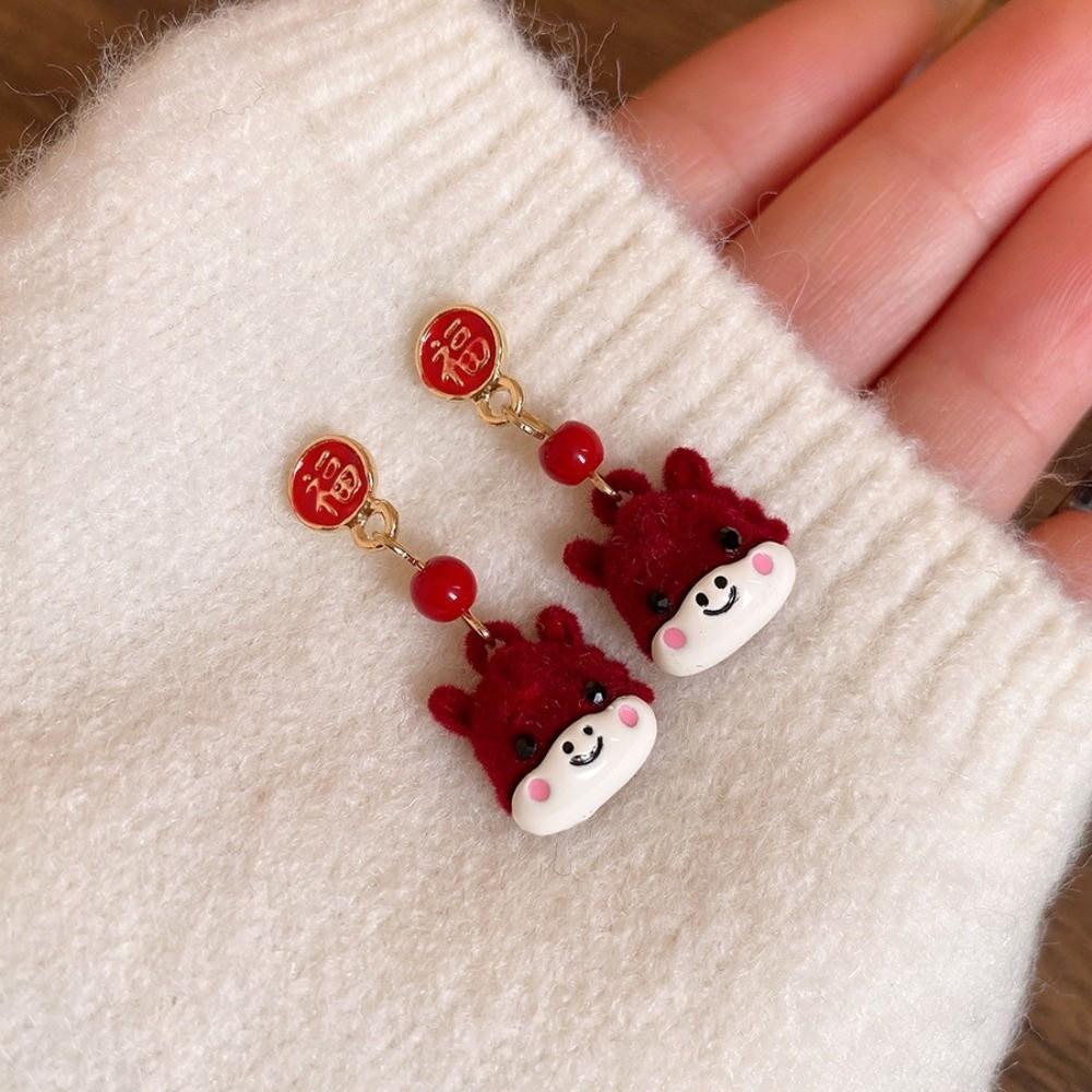 Tassel New Year Horse Earrings Flocking Horse Mascot Drop Earrings Luxury Red Pony Earrings  Girls