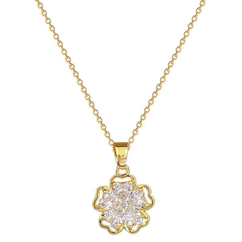 Titanium Steel Five-Leaf Flower Light Luxury Temperament Gorgeous Full Diamond Necklace Female Versatile Collarbone Chain Titanium Steel Chain