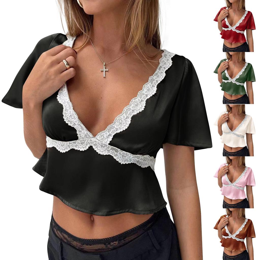 Women's Fashion Casual Summer Lace Sexy Slim Navel-Exposed Short Sleeve Top