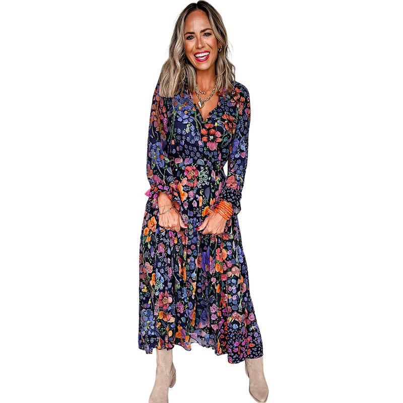 

Американское платье Shiying в стиле ретро, высококачественное, с цветочным принтом, V-образным вырезом, женское, весна-лето 2025, новое, с высокой талией, длинное Flowers Size XL fit (70.00 kg-75.00 kg