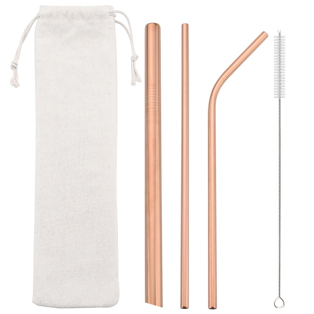 Gold Reusable Straw 304 Stainless Steel Sharp Straw Metal Drinking Straws with Cleaner Brush for Bubble Tea Smoothie Milkshake