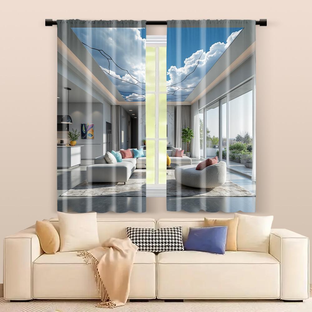 2 Pcs   Filtering Curtains (excluding Rods   Non-movable   Without Batteries) Broken Wall Sky for Use In Bedrooms and Living Rooms