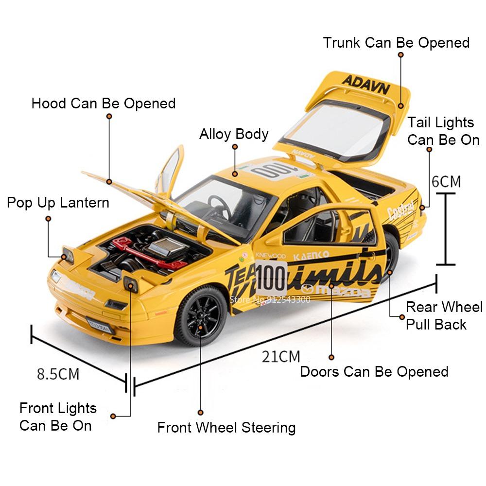 Scale 1:24 Lancer Evolution IX RX7-FC Car Model Toy Wheel Steering Shock Absorption Supercar Toys Metal Diecast Models for Boys