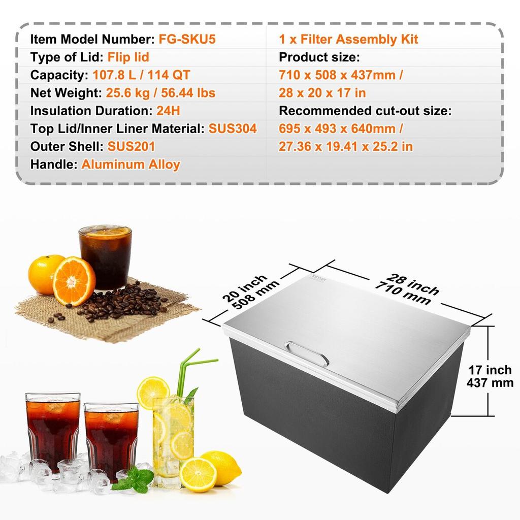 28"x20"x17" Drop In Ice Chest Ice Cooler Ice Bin Stainless Steel w/Cover