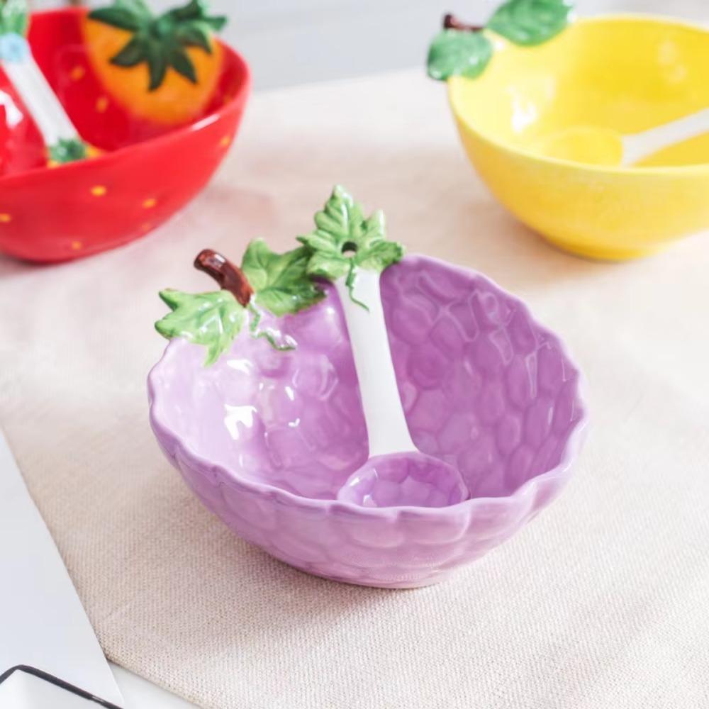 Ceramic Creative Fruit Shape  Bowl Cartoon Vegetable Tableware  Cute Bowl Serving Bowl Strawberry  with Spoon Japanese
