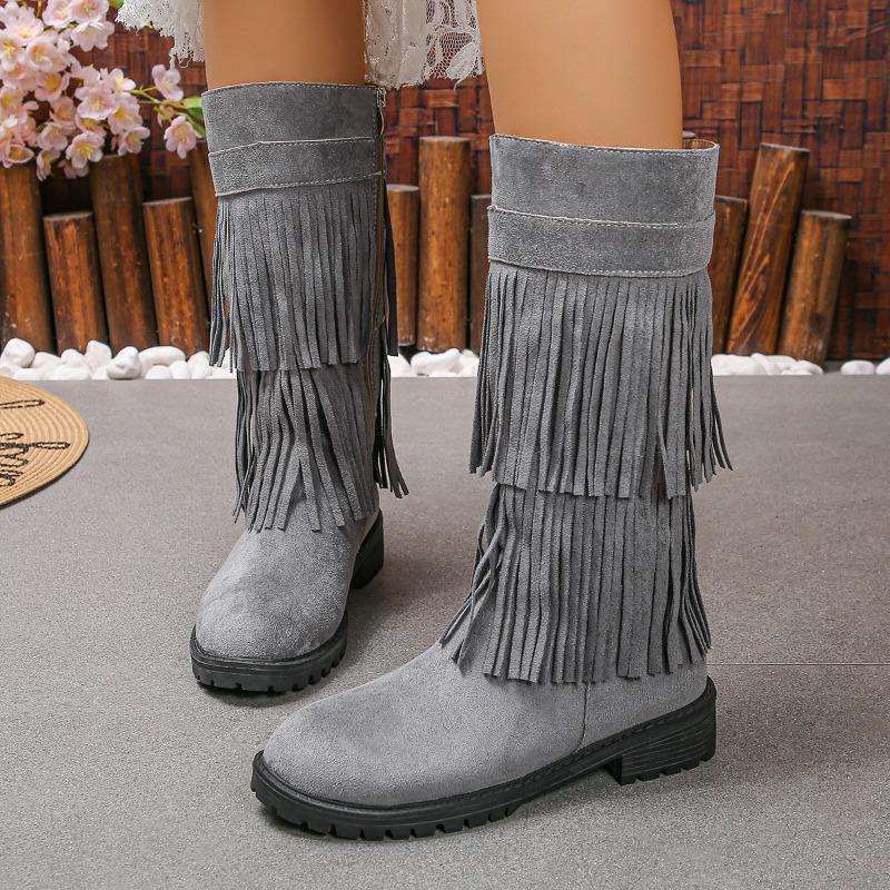 Comércio exterior novas botas de camurça europeias e americanas de camada dupla com franjas botas altas de cowboy de salto grosso com zíper lateral para mulheres