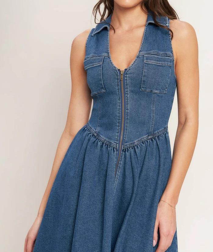 European and American style denim dress women's new sleeveless waist long thin A-shaped skirt cross-border fashion versatile skirt