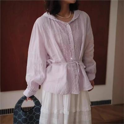 Japanese Navy Collar Lace Long-sleeved Shirts Women Summer Waist Tie Loose Versatile Tops
