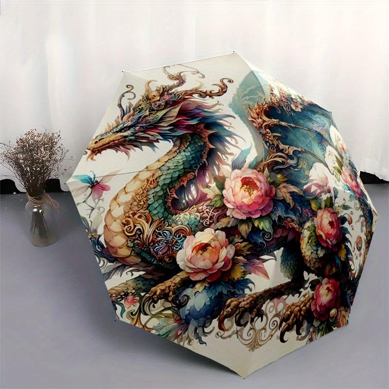 1pc Dragons and Butterflies Automatic Umbrella Design, Cute Cartoon Pattern, Portable Outdoor Umbrella, Perfect R052