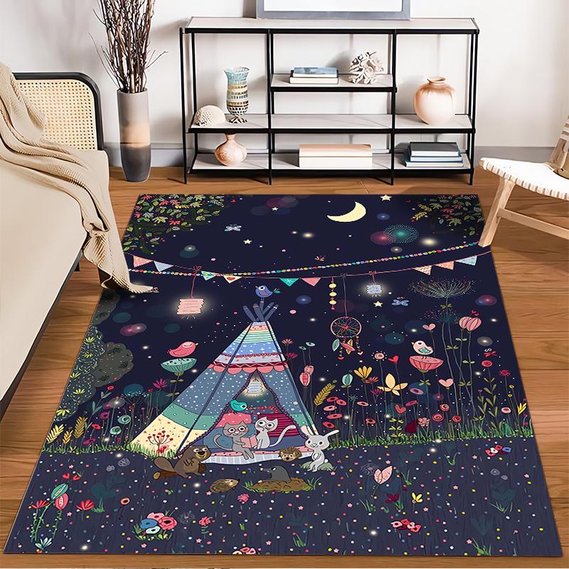 Whimsical Night Forest Carpet with Animals and Teepee Print Suitable for Use As an Anti-slip for Living Room Bedroom Sofas