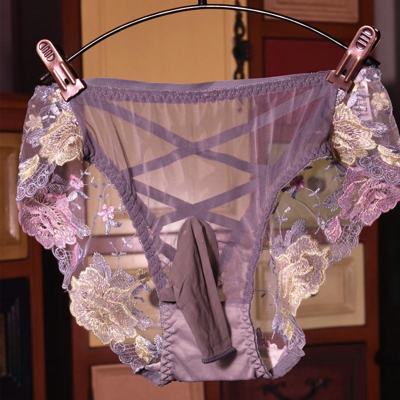 Large Size Sissy Pouch Panties Men Embroidery Lace See Through Briefs Bullet Separation Underpant Feminization Gays Lingerie